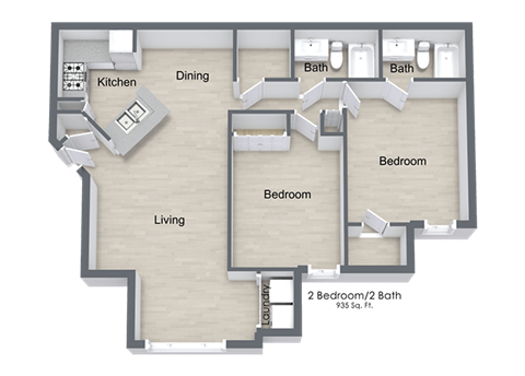 Floor plan for 2 beds, 2 baths, 962 sqft